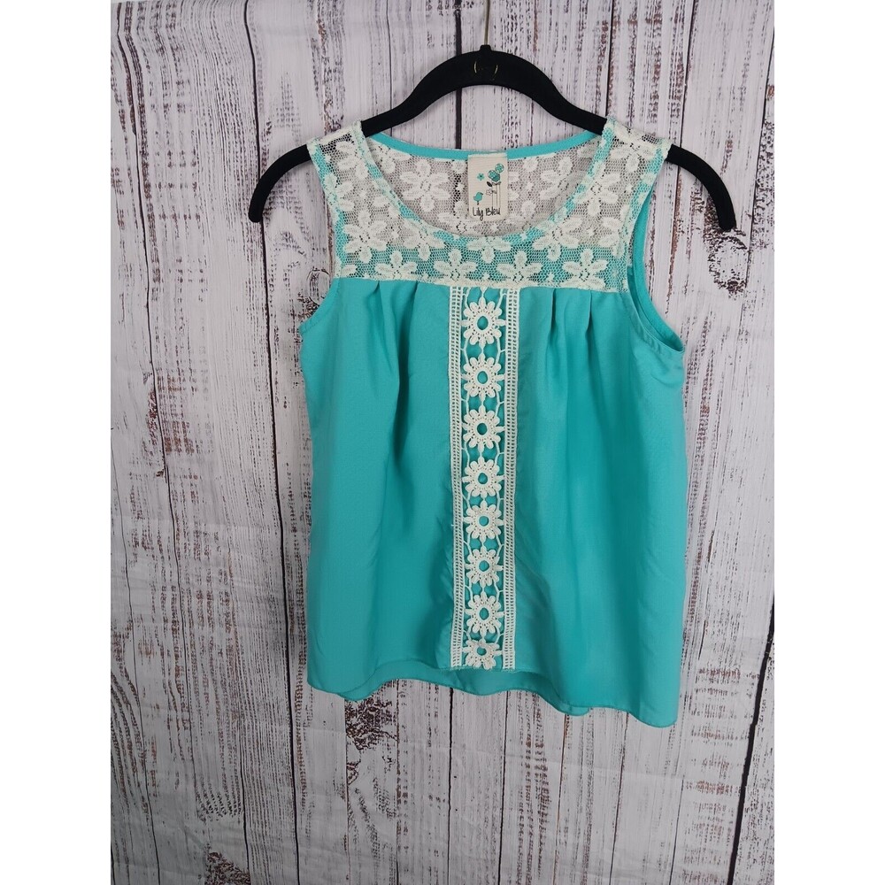 Lily Bleu Top Little Girls L/14 Summer  with lace flowers Blue